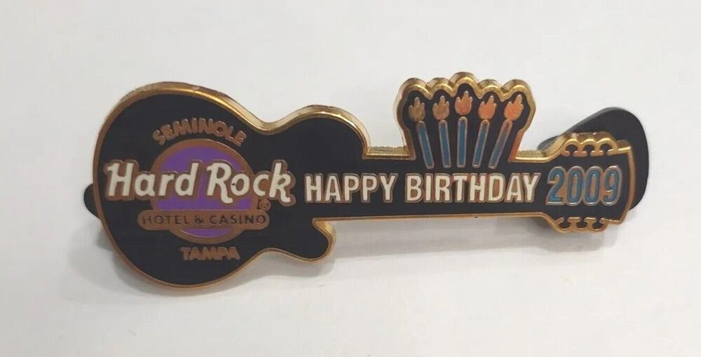 '09 Hard Rock Cafe Pin Happy Birthday Seminole Casino Tampa Gold Tone Guitar